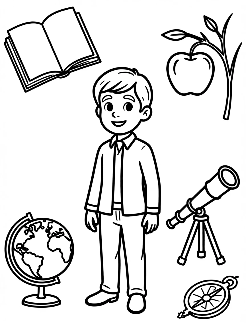 A cartoon-style drawing of Isaac Newton surrounded by symbols of their achievements, like books, tools, or globes.
