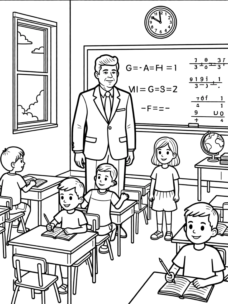 John F. Kennedy teaching children, with educational items like chalkboards and pencils, in a friendly classroom scene.