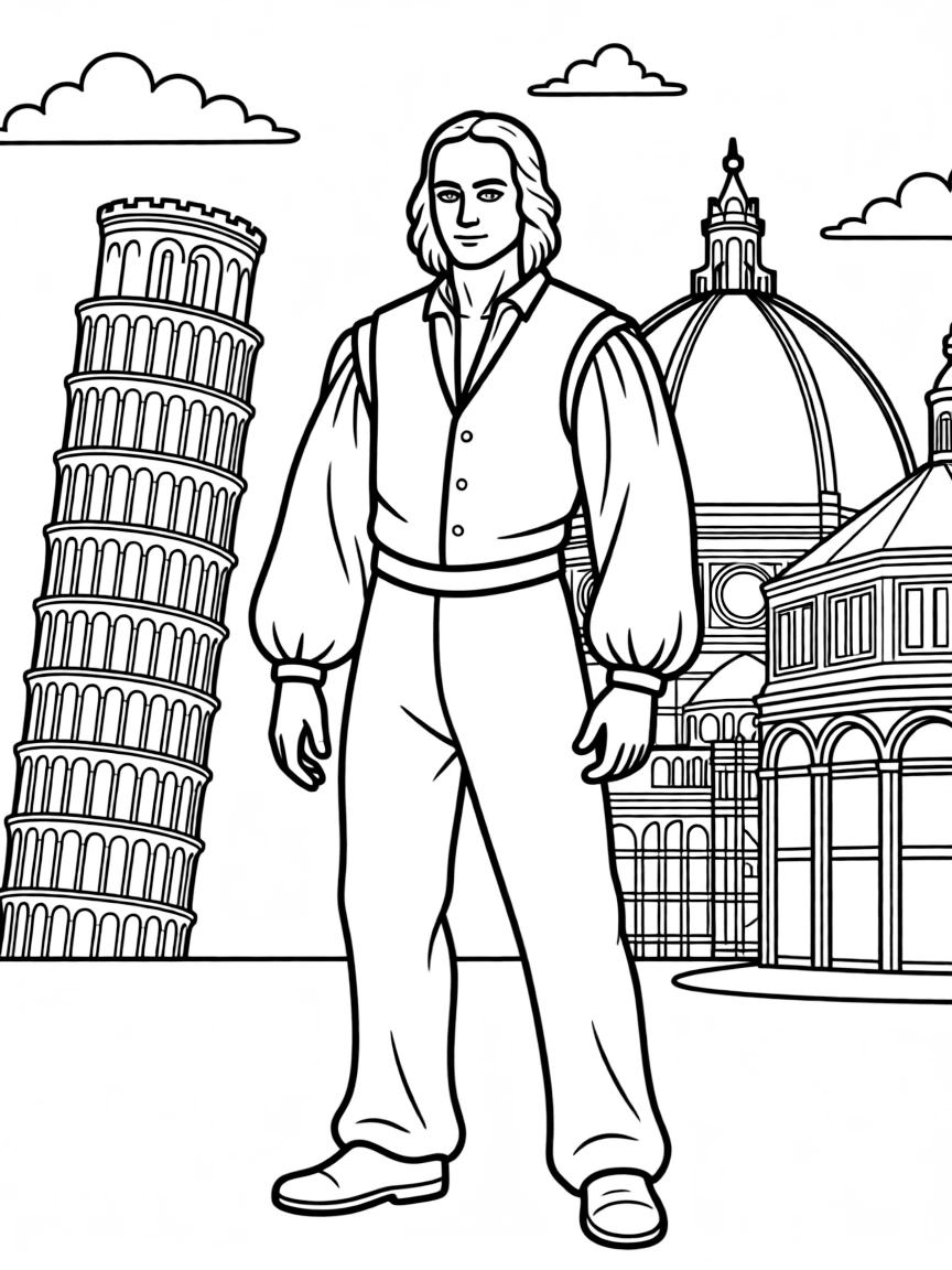 Leonardo da Vinci standing proudly with historical landmarks in the background, drawn with clear bold lines for coloring.