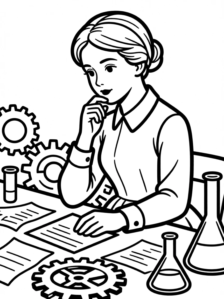 Florence Nightingale working on their famous invention or idea, with gears, papers, or lab equipment drawn simply.
