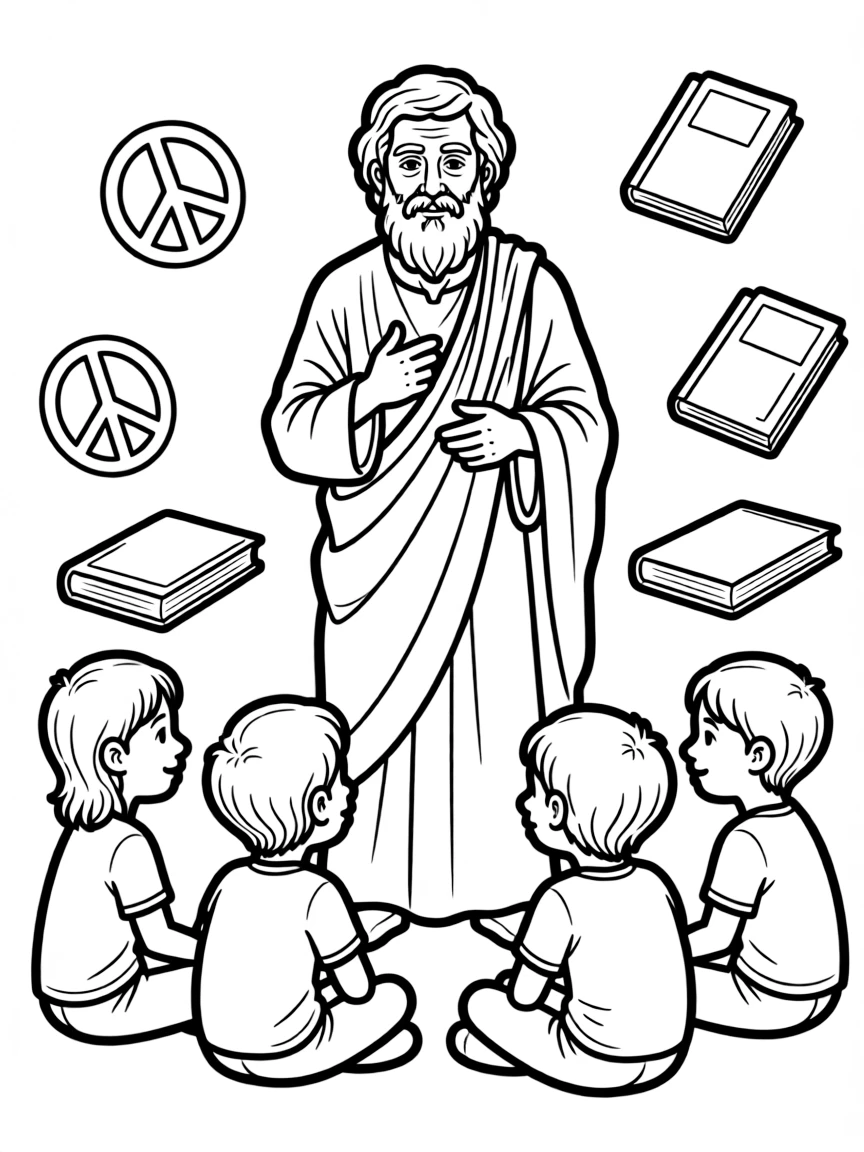 A fun coloring page of Plato giving a speech to children with books and peace signs around.