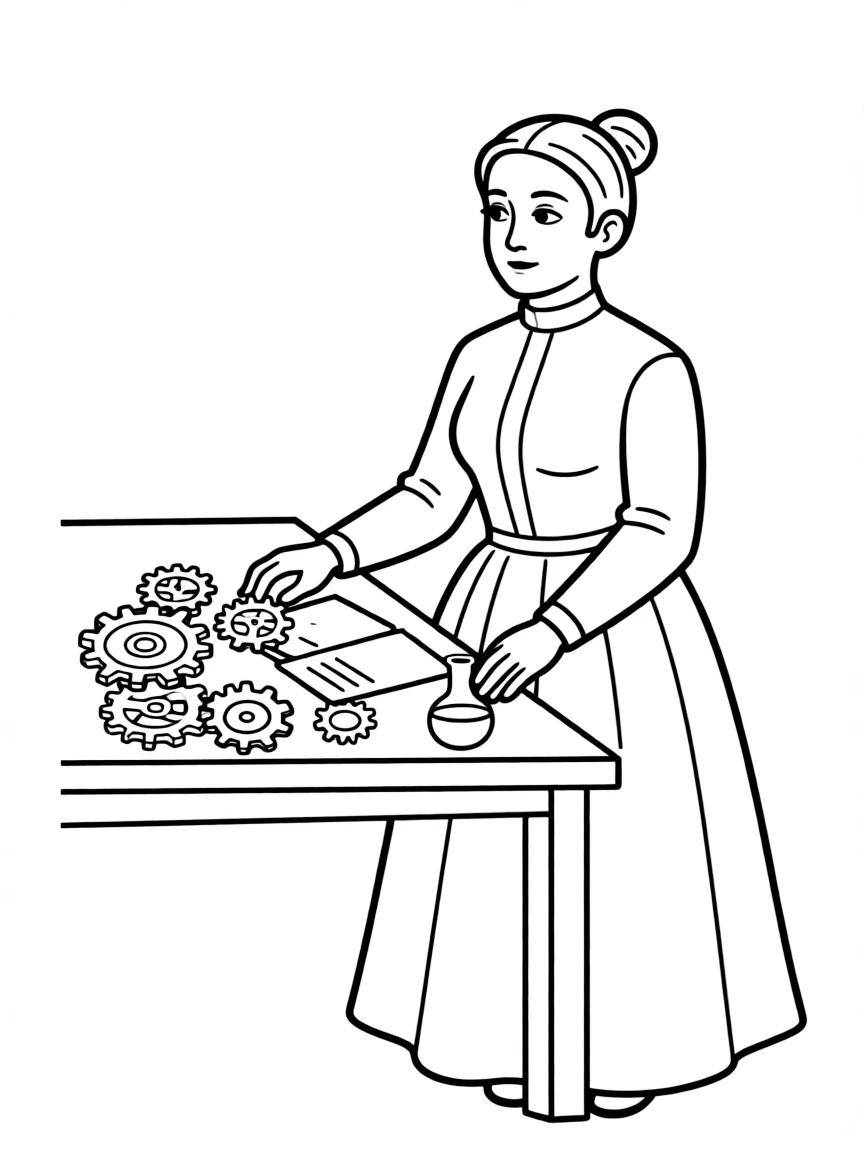 Susan B. Anthony working on their famous invention or idea, with gears, papers, or lab equipment drawn simply.