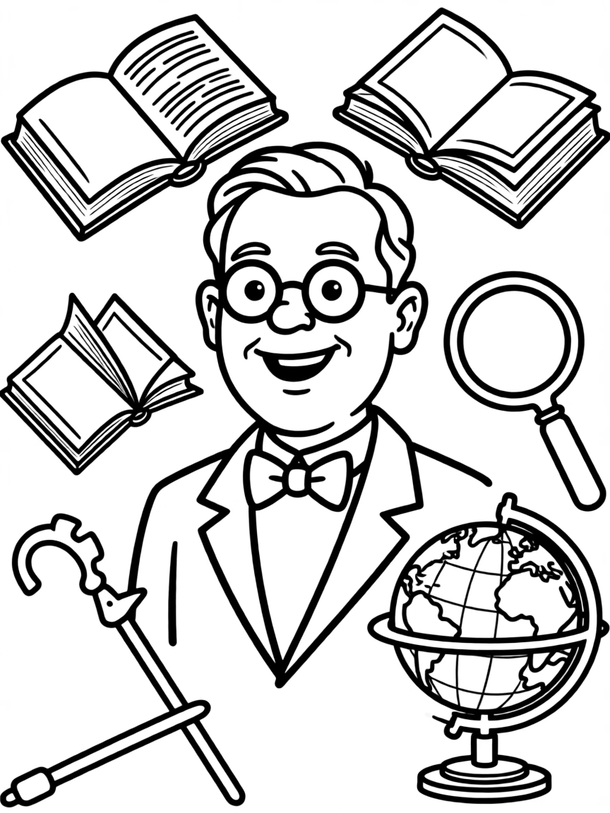 A cartoon-style drawing of Theodore Roosevelt surrounded by symbols of their achievements, like books, tools, or globes.