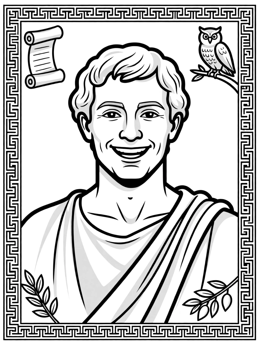 A portrait of Aristotle with a big smile, framed with decorative borders and symbols of their time period.