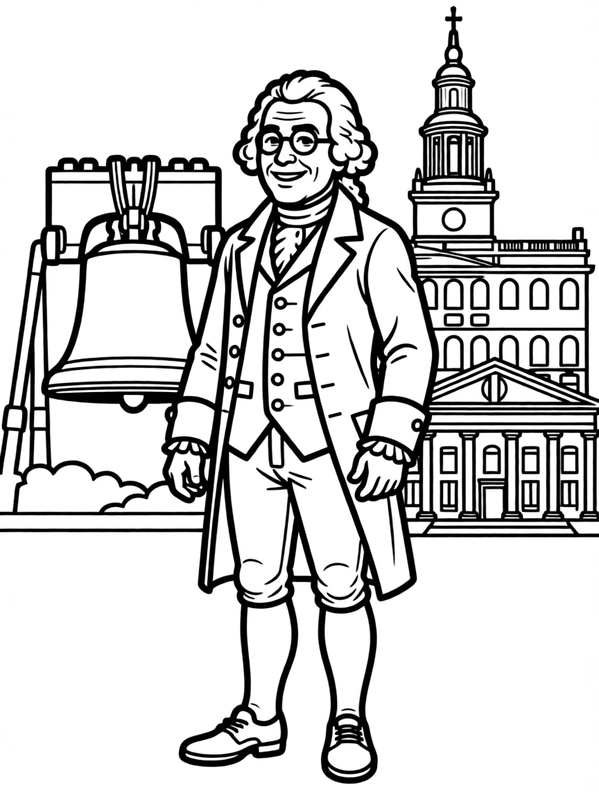 Benjamin Franklin standing proudly with historical landmarks in the background, drawn with clear bold lines for coloring.