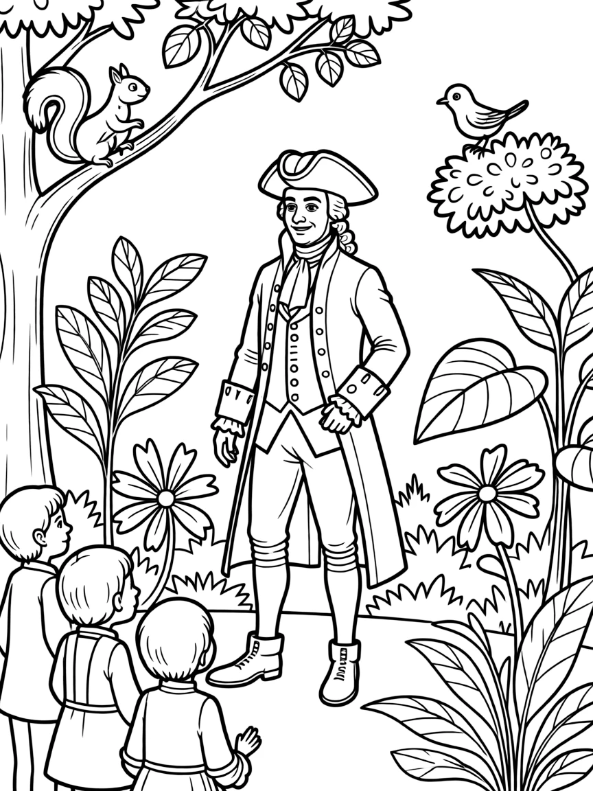 A playful scene showing Benjamin Franklin in a historical outfit with animals, plants, or kids nearby.