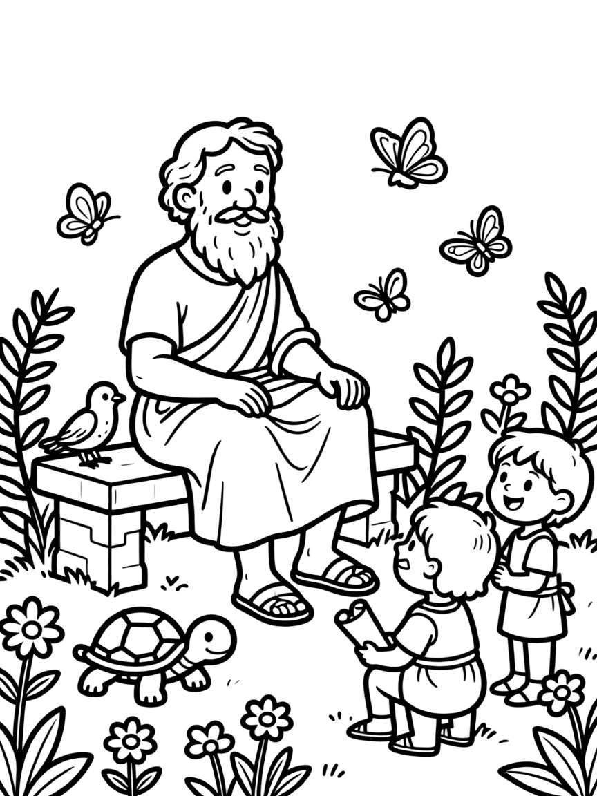 A playful scene showing Socrates in a historical outfit with animals, plants, or kids nearby.
