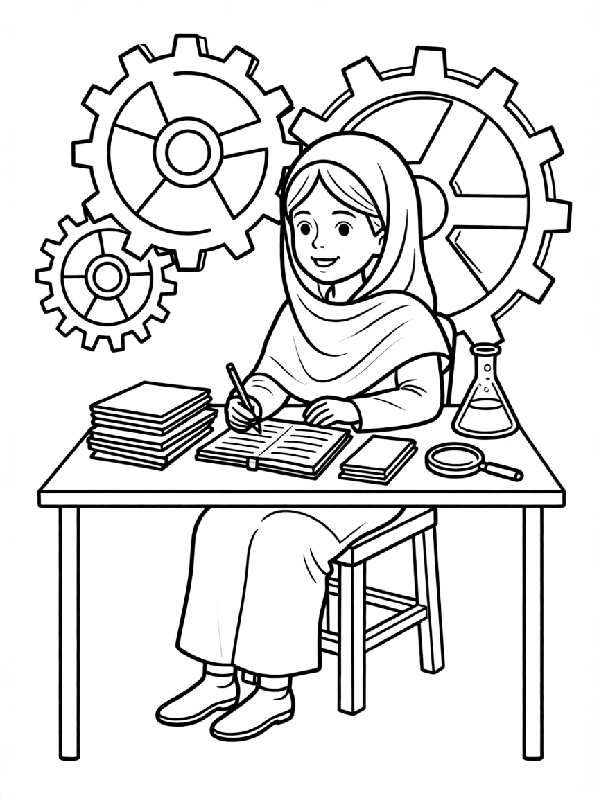 Malala Yousafzai working on their famous invention or idea, with gears, papers, or lab equipment drawn simply.