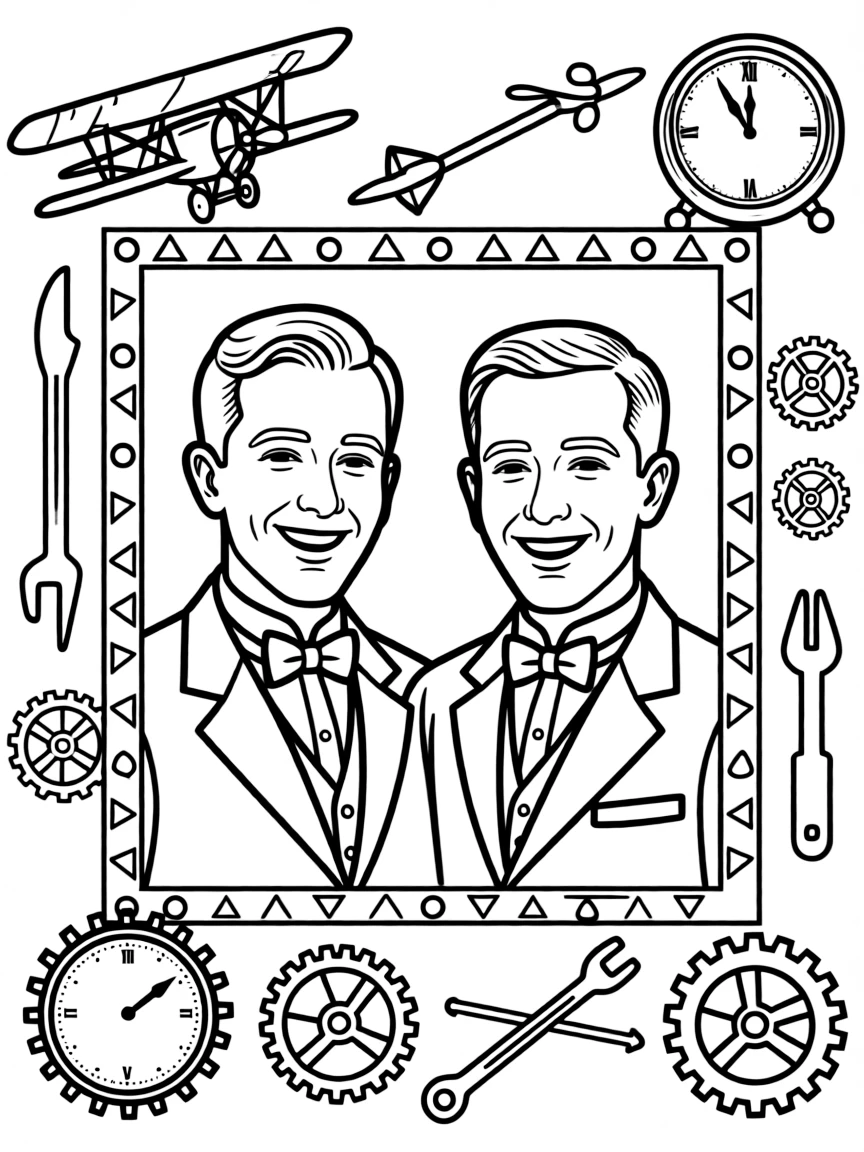 A portrait of The Wright Brothers with a big smile, framed with decorative borders and symbols of their time period.