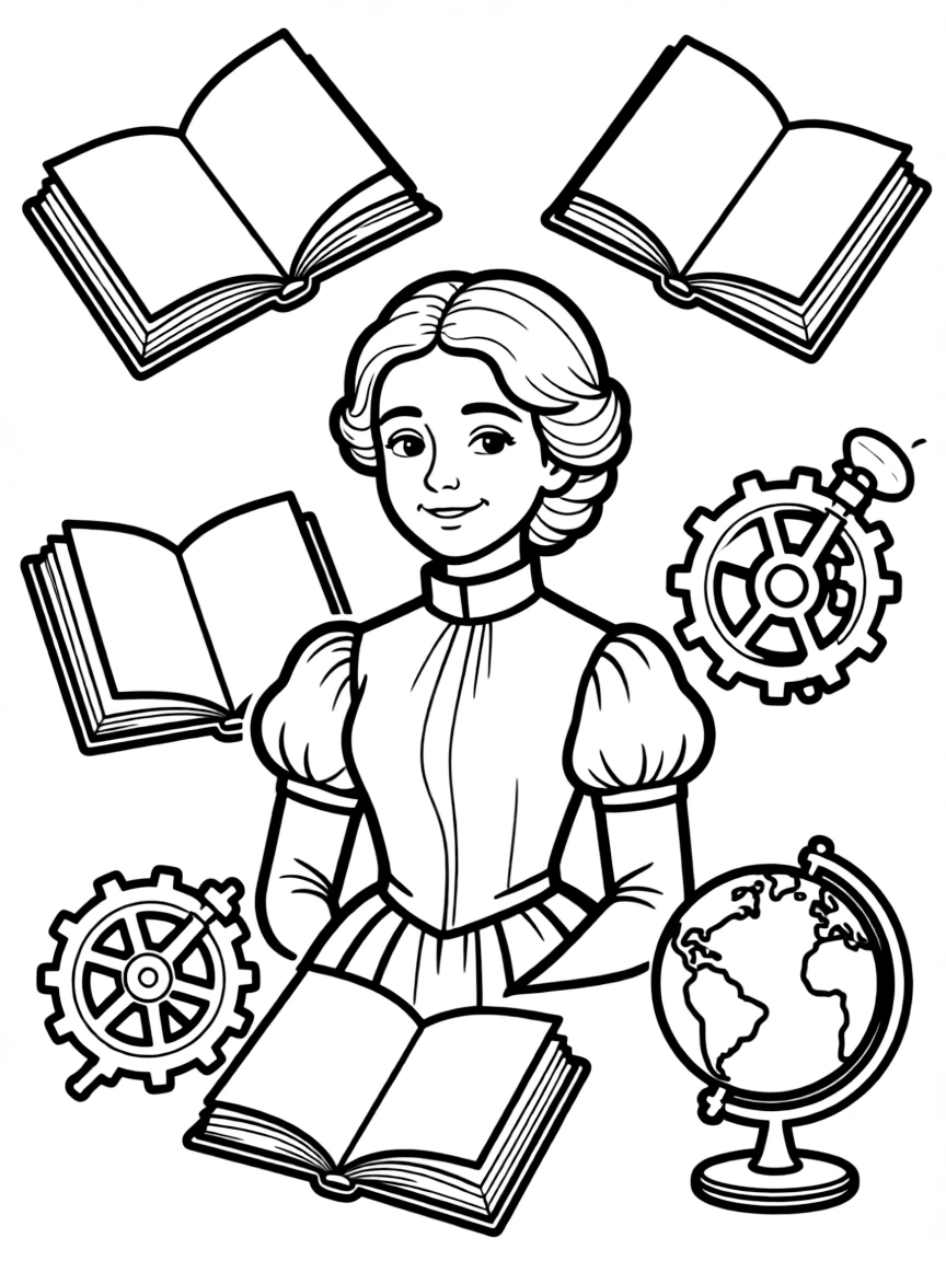 A cartoon-style drawing of Ada Lovelace surrounded by symbols of their achievements, like books, tools, or globes.
