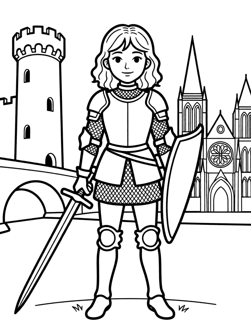 Joan of Arc standing proudly with historical landmarks in the background, drawn with clear bold lines for coloring.