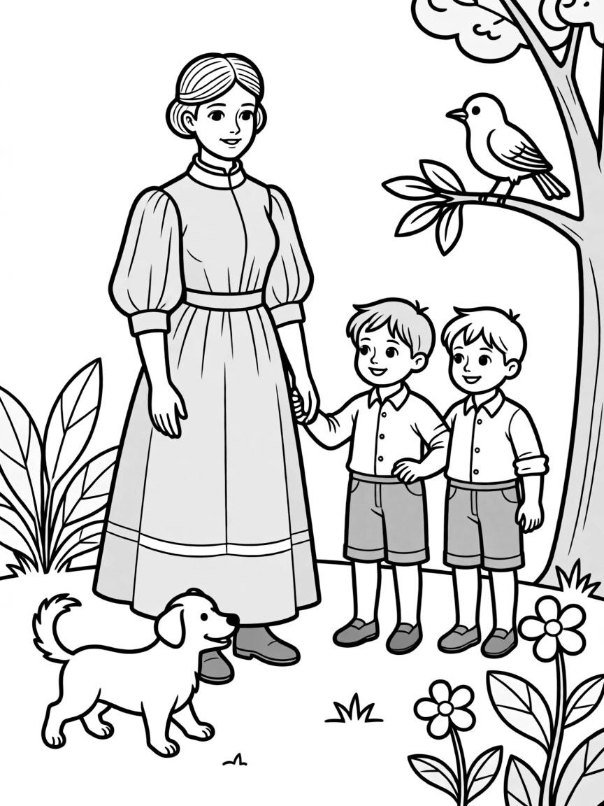 A playful scene showing Helen Keller in a historical outfit with animals, plants, or kids nearby.