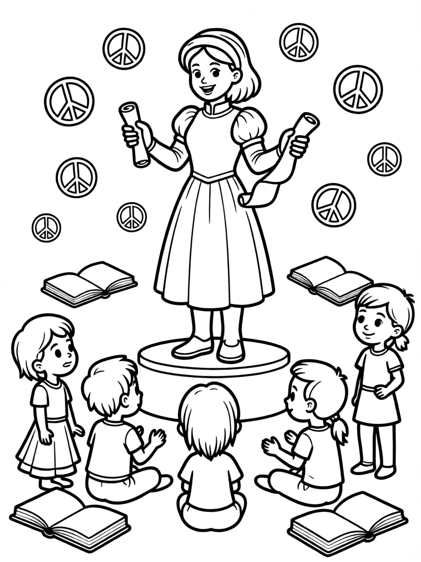 A fun coloring page of Joan of Arc giving a speech to children with books and peace signs around.