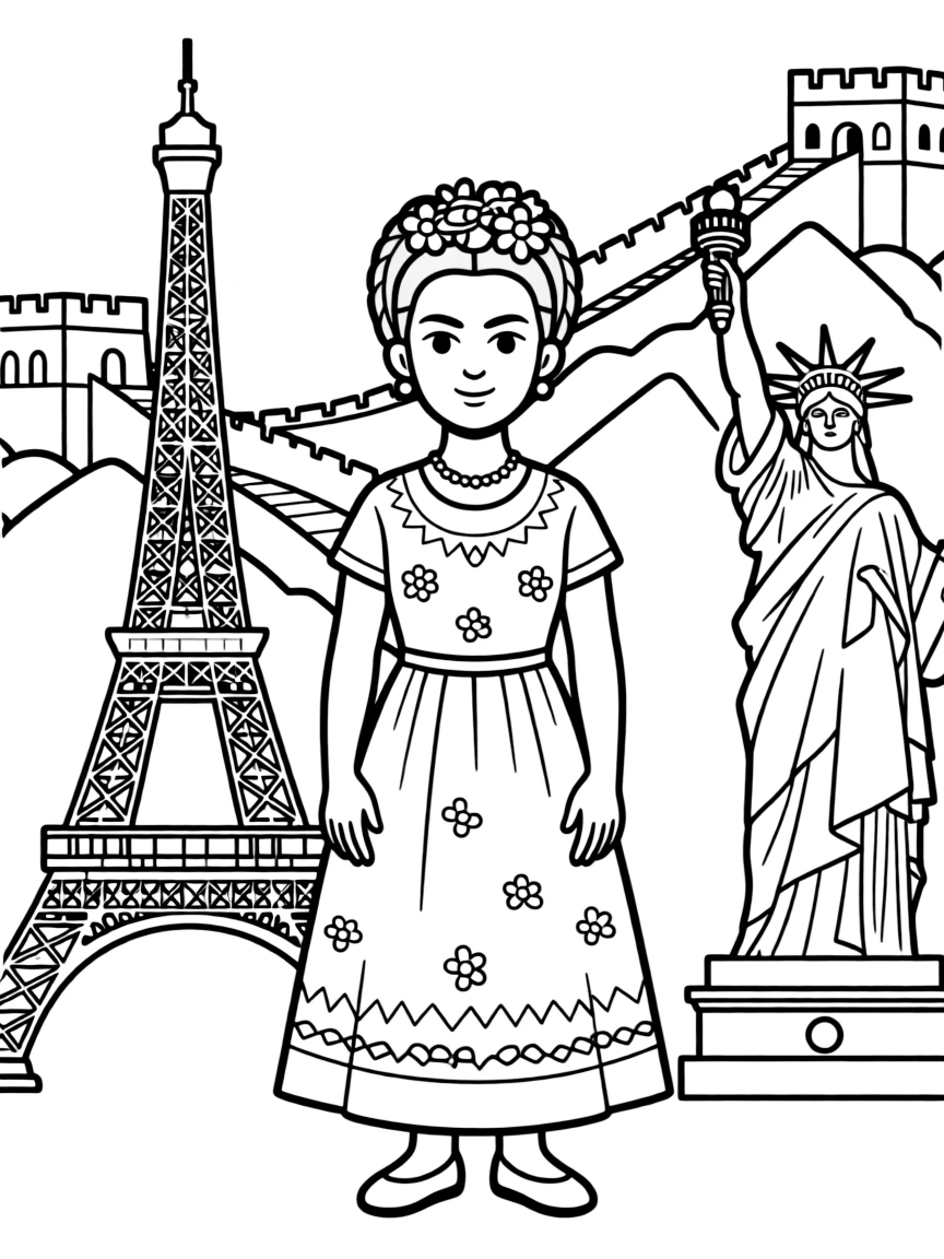 Frida Kahlo standing proudly with historical landmarks in the background, drawn with clear bold lines for coloring.