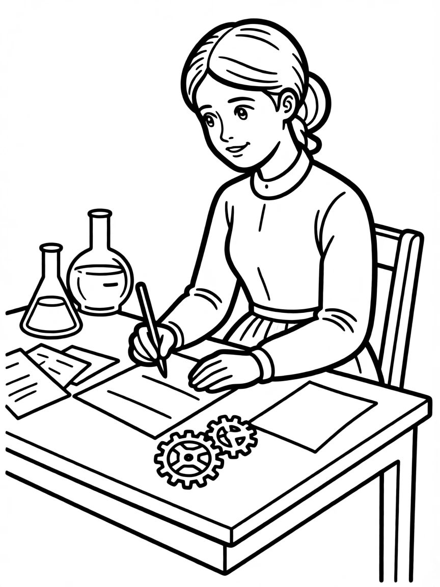 Florence Nightingale working on their famous invention or idea, with gears, papers, or lab equipment drawn simply.