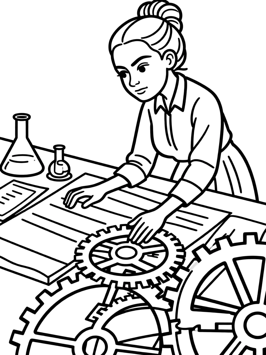 Frida Kahlo working on their famous invention or idea, with gears, papers, or lab equipment drawn simply.