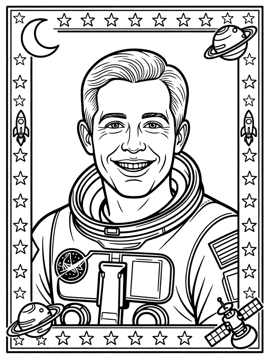 A portrait of Neil Armstrong with a big smile, framed with decorative borders and symbols of their time period.