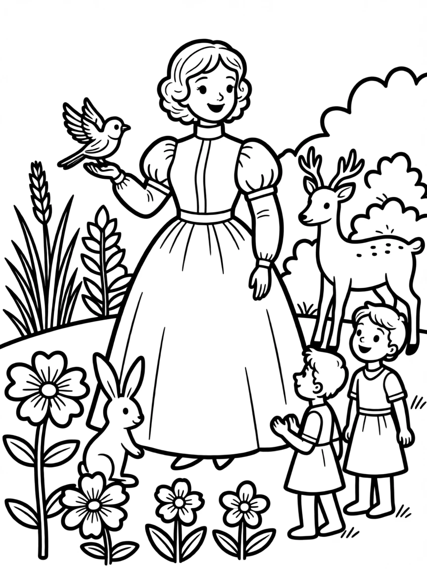 A playful scene showing Ada Lovelace in a historical outfit with animals, plants, or kids nearby.