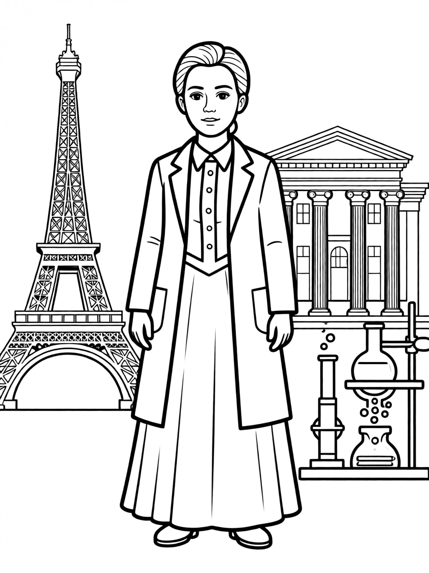 Marie Curie standing proudly with historical landmarks in the background, drawn with clear bold lines for coloring.