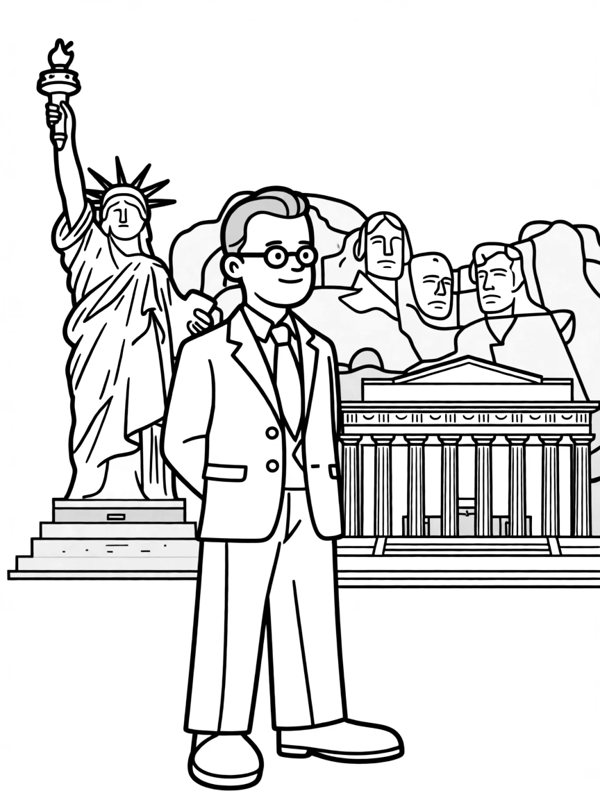 Theodore Roosevelt standing proudly with historical landmarks in the background, drawn with clear bold lines for coloring.