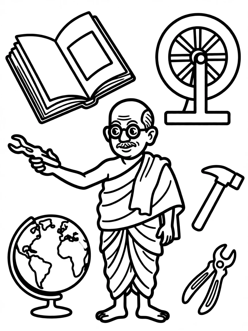 A cartoon-style drawing of Mahatma Gandhi surrounded by symbols of their achievements, like books, tools, or globes.