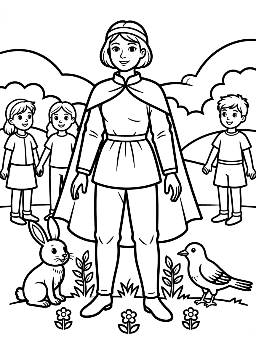 A playful scene showing Joan of Arc in a historical outfit with animals, plants, or kids nearby.