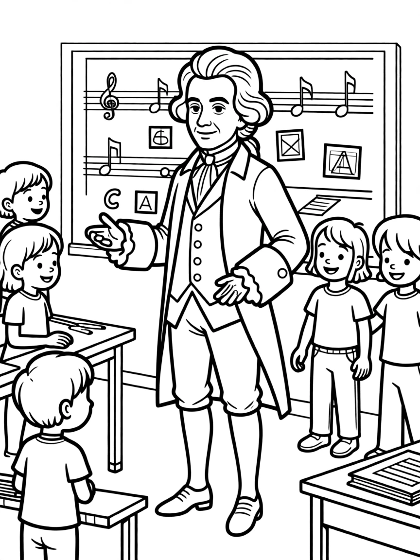 Beethoven teaching children, with educational items like chalkboards and pencils, in a friendly classroom scene.