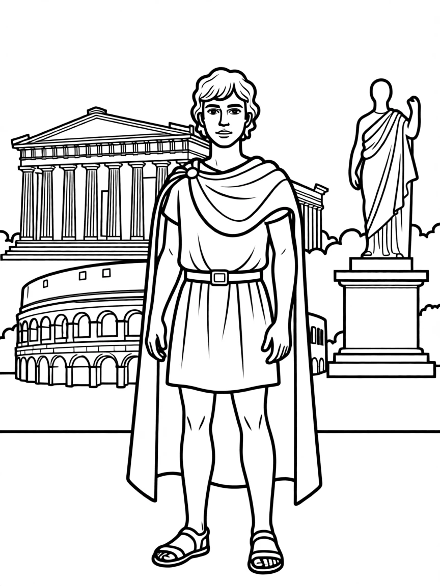 Alexander the Great standing proudly with historical landmarks in the background, drawn with clear bold lines for coloring.