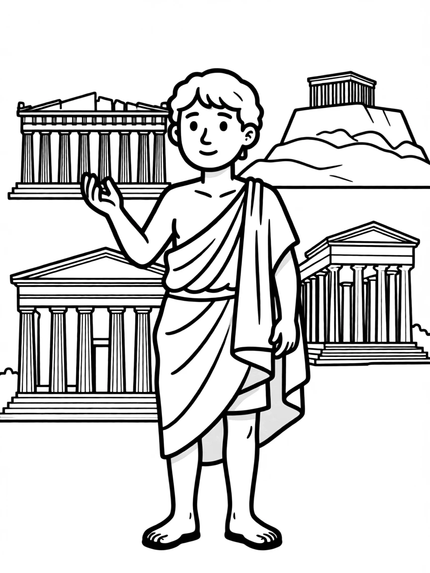 Aristotle standing proudly with historical landmarks in the background, drawn with clear bold lines for coloring.