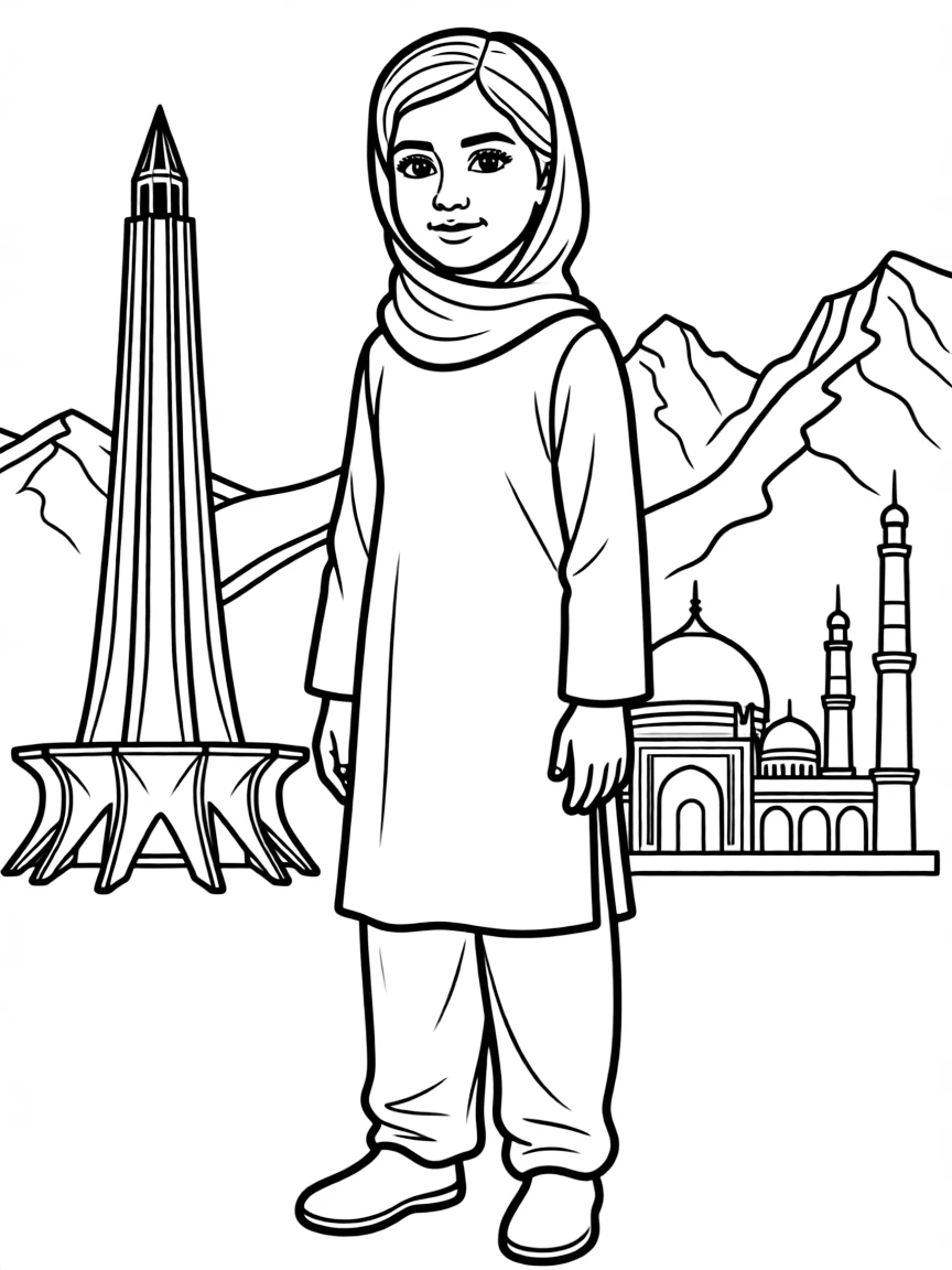 Malala Yousafzai standing proudly with historical landmarks in the background, drawn with clear bold lines for coloring.