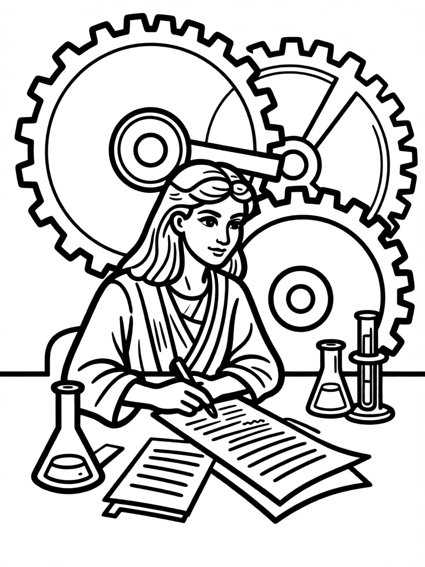Cleopatra working on their famous invention or idea, with gears, papers, or lab equipment drawn simply.