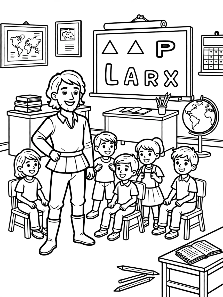 Christopher Columbus teaching children, with educational items like chalkboards and pencils, in a friendly classroom scene.