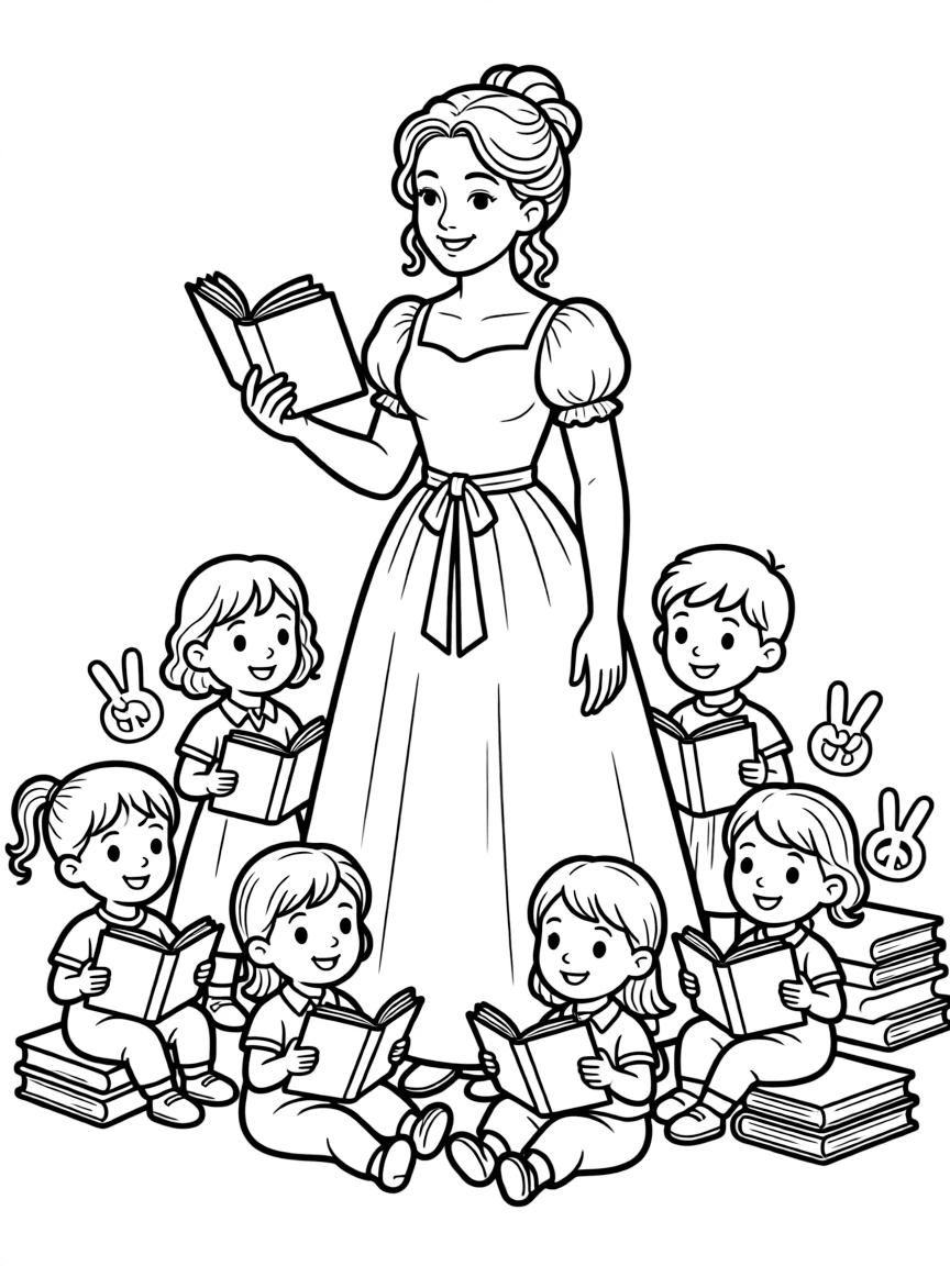 A fun coloring page of Jane Austen giving a speech to children with books and peace signs around.