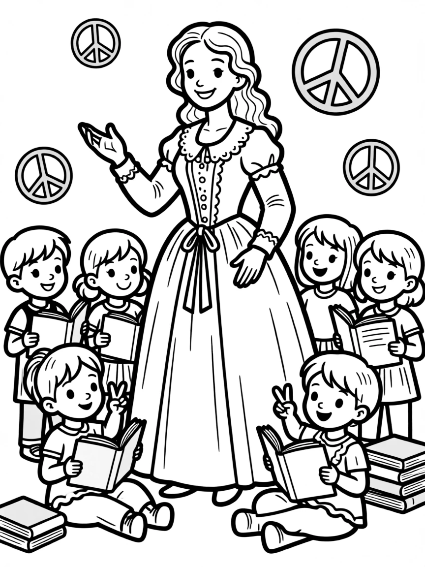 A fun coloring page of Ada Lovelace giving a speech to children with books and peace signs around.