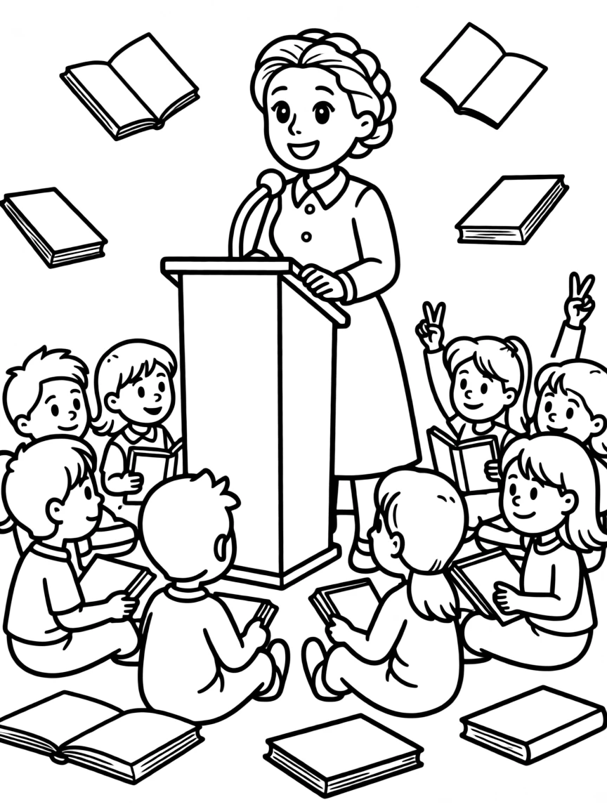 A fun coloring page of Helen Keller giving a speech to children with books and peace signs around.
