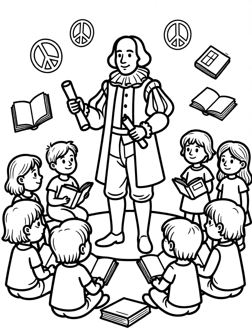 A fun coloring page of William Shakespeare giving a speech to children with books and peace signs around.