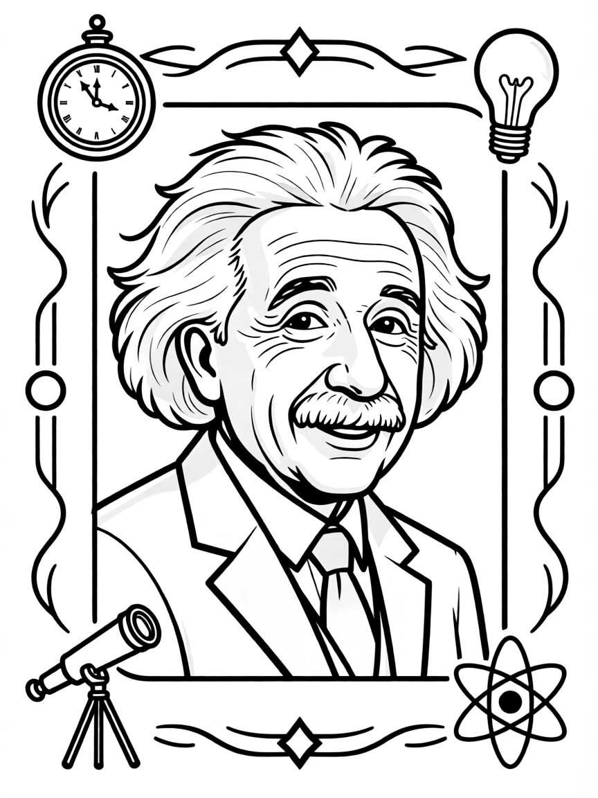 A portrait of Albert Einstein with a big smile, framed with decorative borders and symbols of their time period.