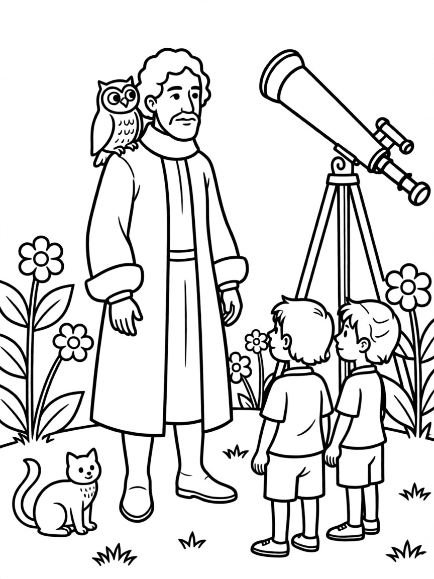 A playful scene showing Galileo Galilei in a historical outfit with animals, plants, or kids nearby.