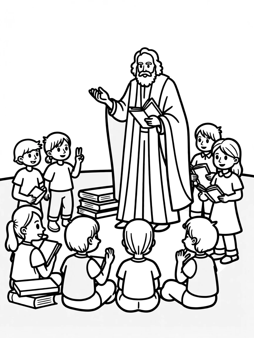 A fun coloring page of Galileo Galilei giving a speech to children with books and peace signs around.