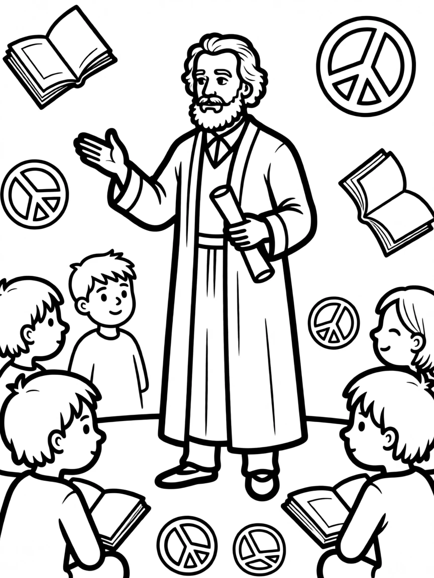 A fun coloring page of Galileo Galilei giving a speech to children with books and peace signs around.