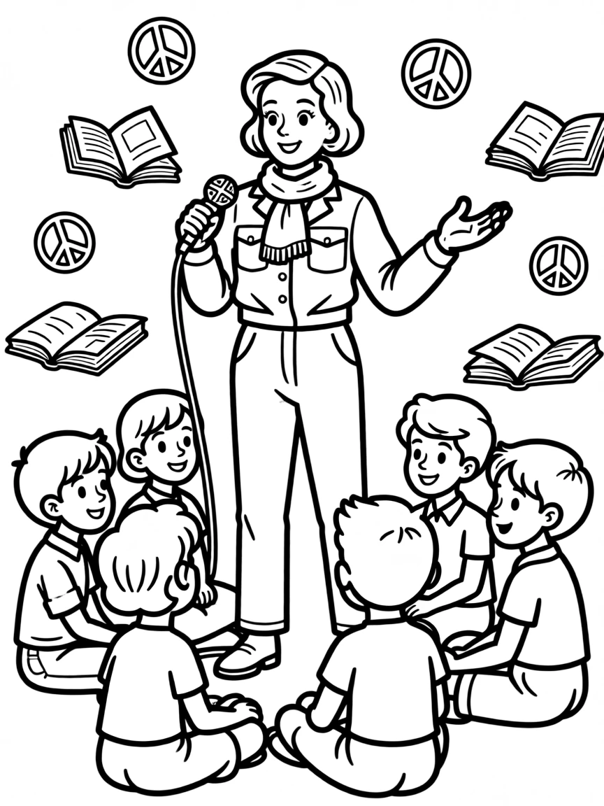 A fun coloring page of Amelia Earhart giving a speech to children with books and peace signs around.