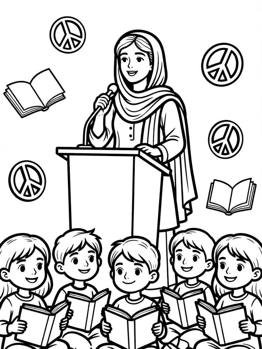 A fun coloring page of Malala Yousafzai giving a speech to children with books and peace signs around.