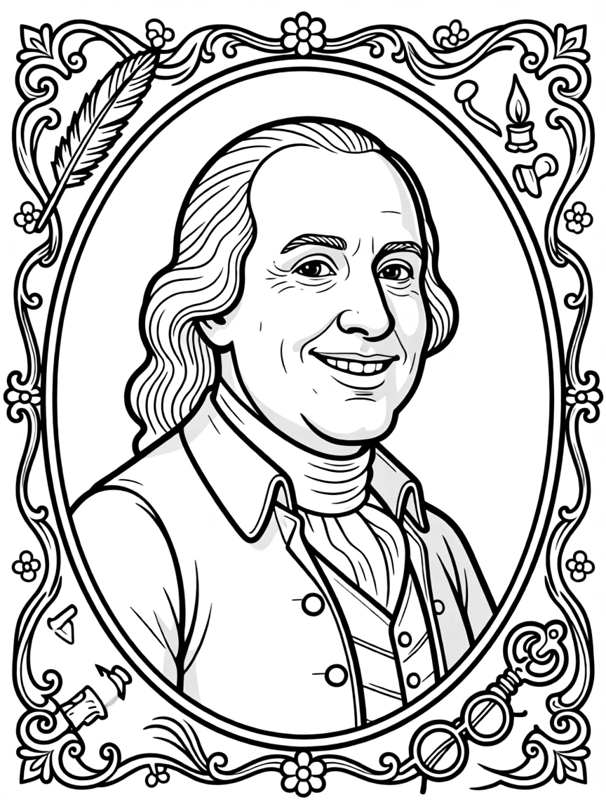 A portrait of Benjamin Franklin with a big smile, framed with decorative borders and symbols of their time period.