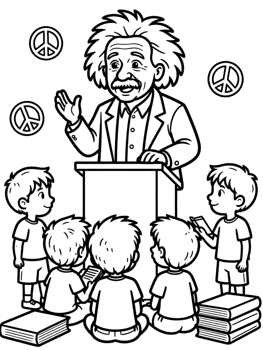 A fun coloring page of Albert Einstein giving a speech to children with books and peace signs around.