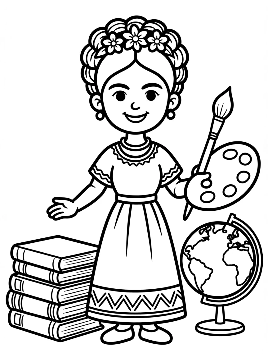 A cartoon-style drawing of Frida Kahlo surrounded by symbols of their achievements, like books, tools, or globes.