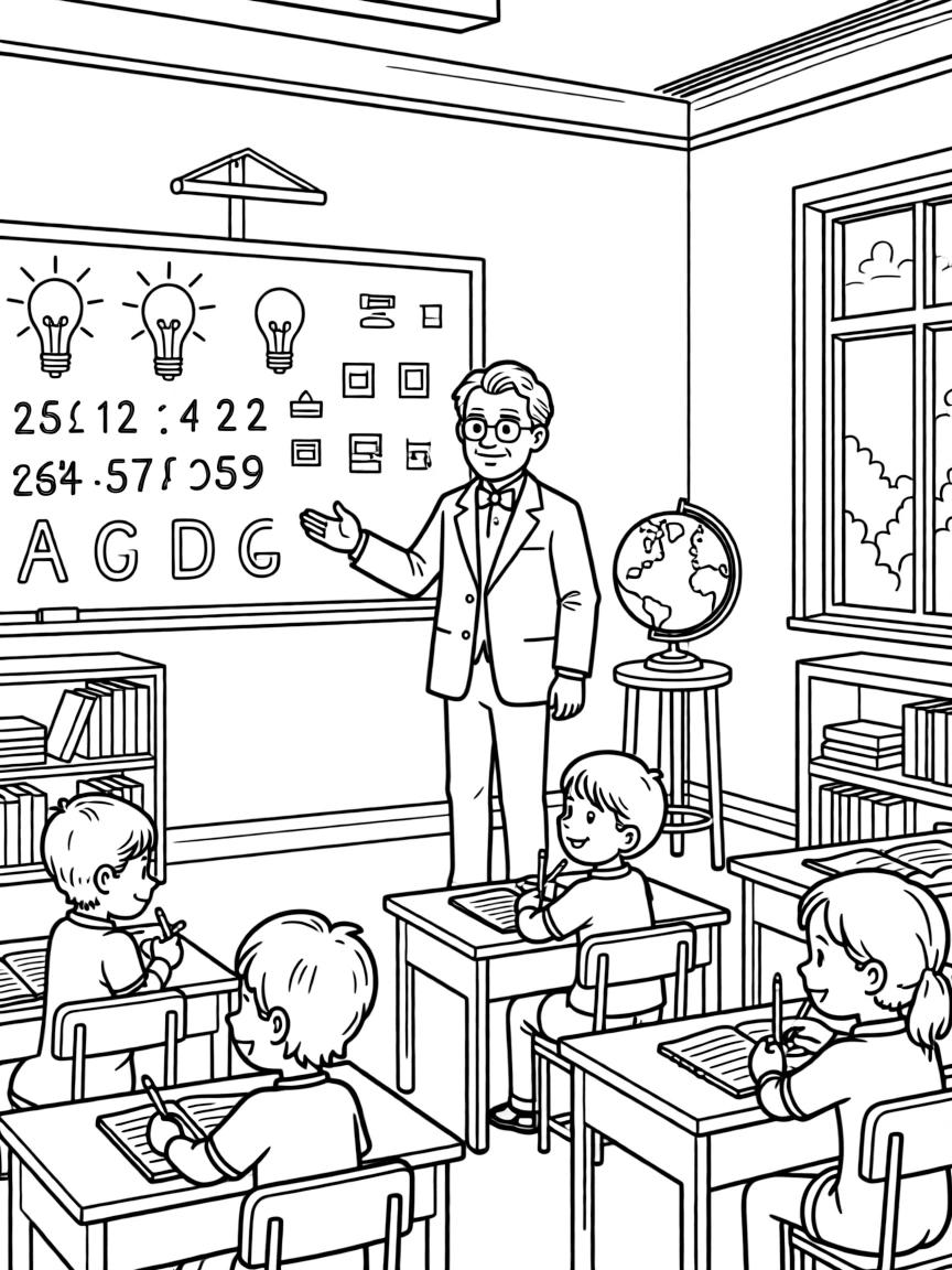 Thomas Edison teaching children, with educational items like chalkboards and pencils, in a friendly classroom scene.