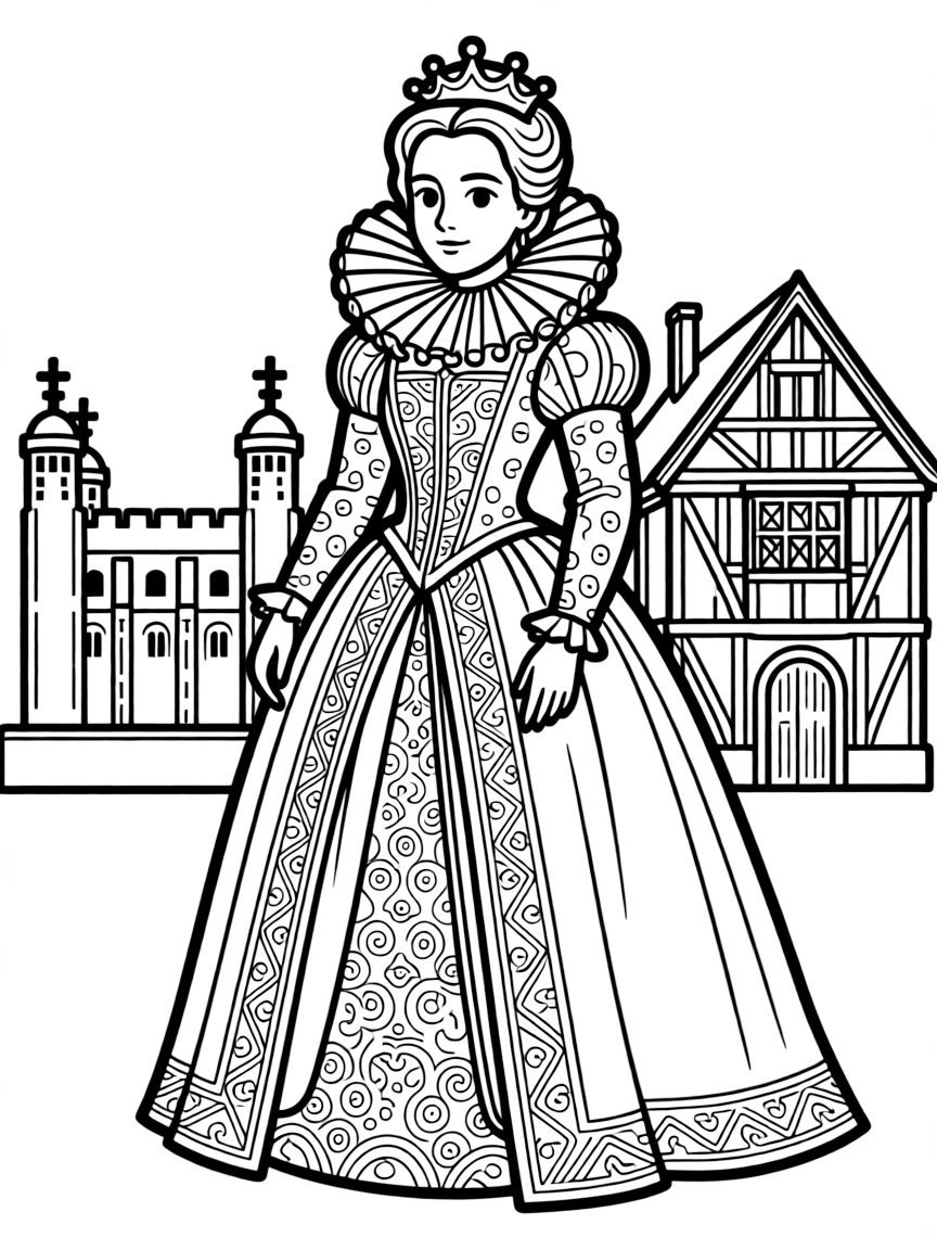 Queen Elizabeth I standing proudly with historical landmarks in the background, drawn with clear bold lines for coloring.