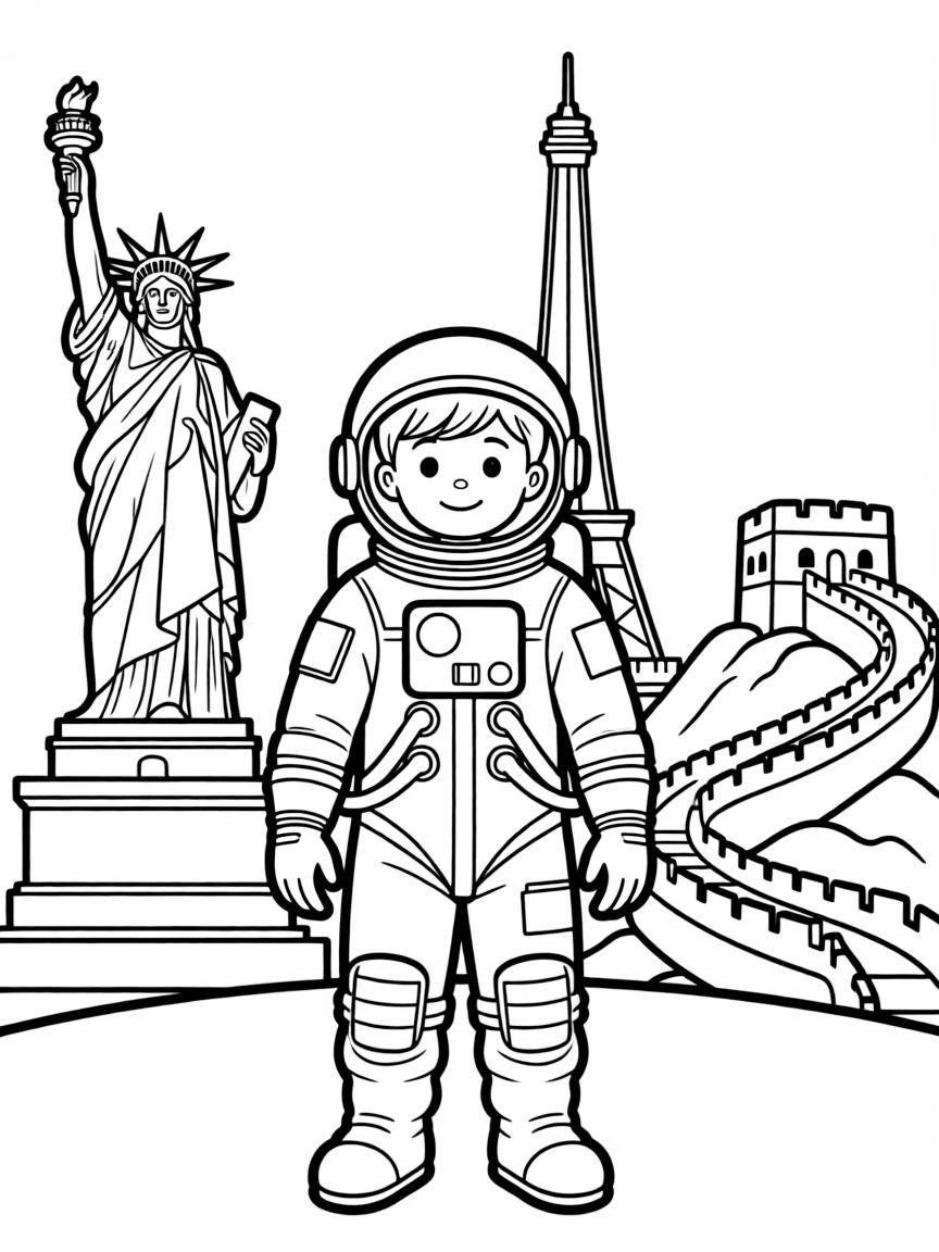 Neil Armstrong standing proudly with historical landmarks in the background, drawn with clear bold lines for coloring.