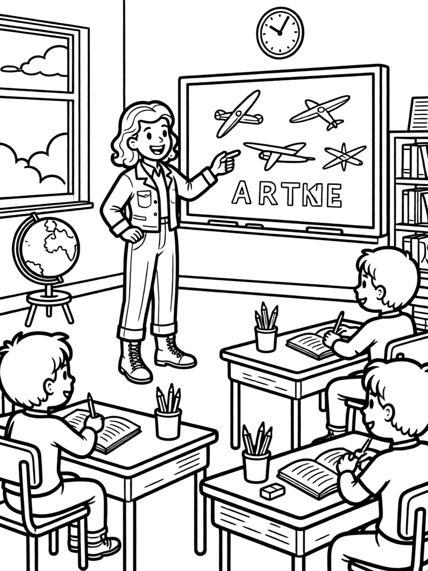 Amelia Earhart teaching children, with educational items like chalkboards and pencils, in a friendly classroom scene.