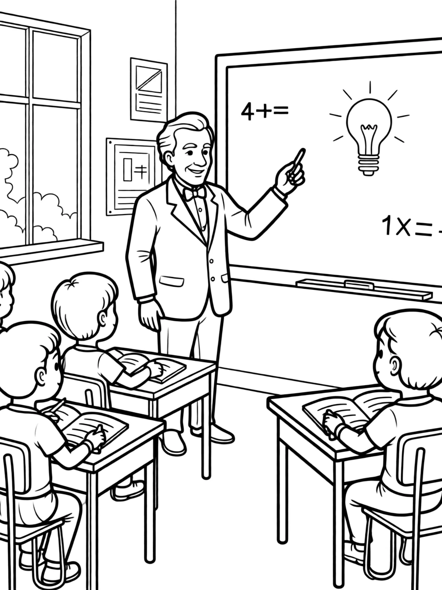 Thomas Edison teaching children, with educational items like chalkboards and pencils, in a friendly classroom scene.